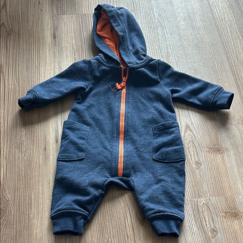 Navy Blue Hooded Baby Jumpsuit with Orange Accents
